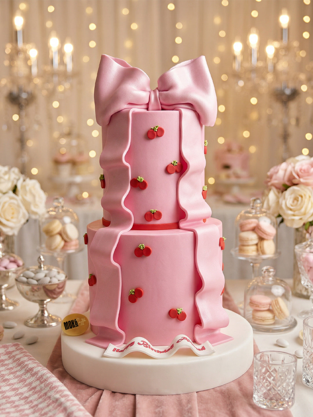 Cherry & Pink Ribbon Cake Design