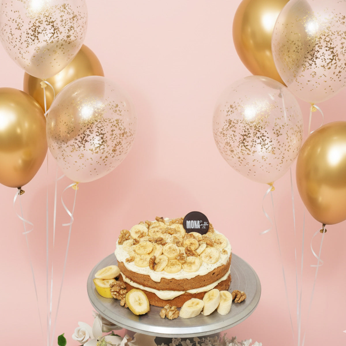 Banana Caramel Frost Cake &amp; Helium Balloons Combo 🍌