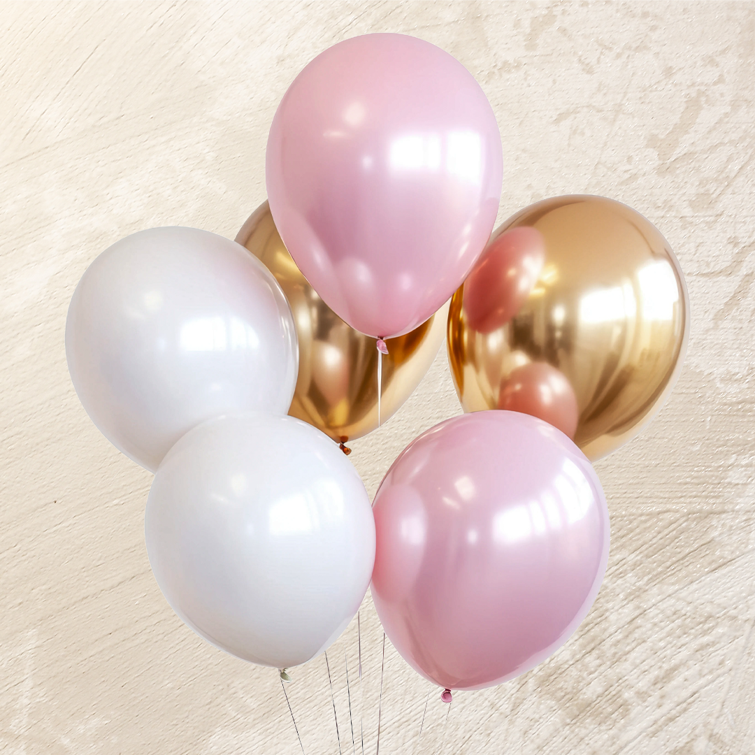 Metallic Baby Pink, Gold &White Helium Color Balloons
